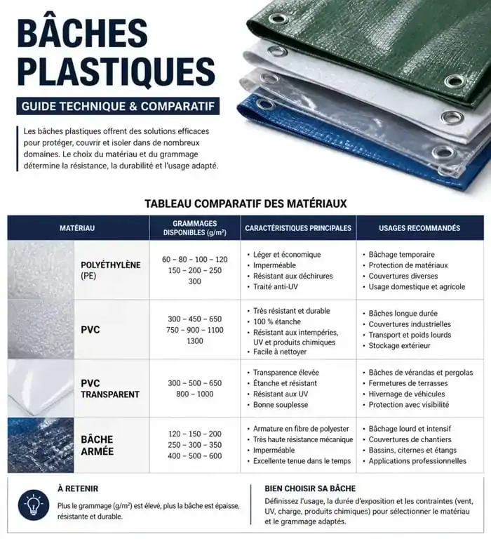 Infographie comparative des différents types de bâche plastique et leurs usages techniques