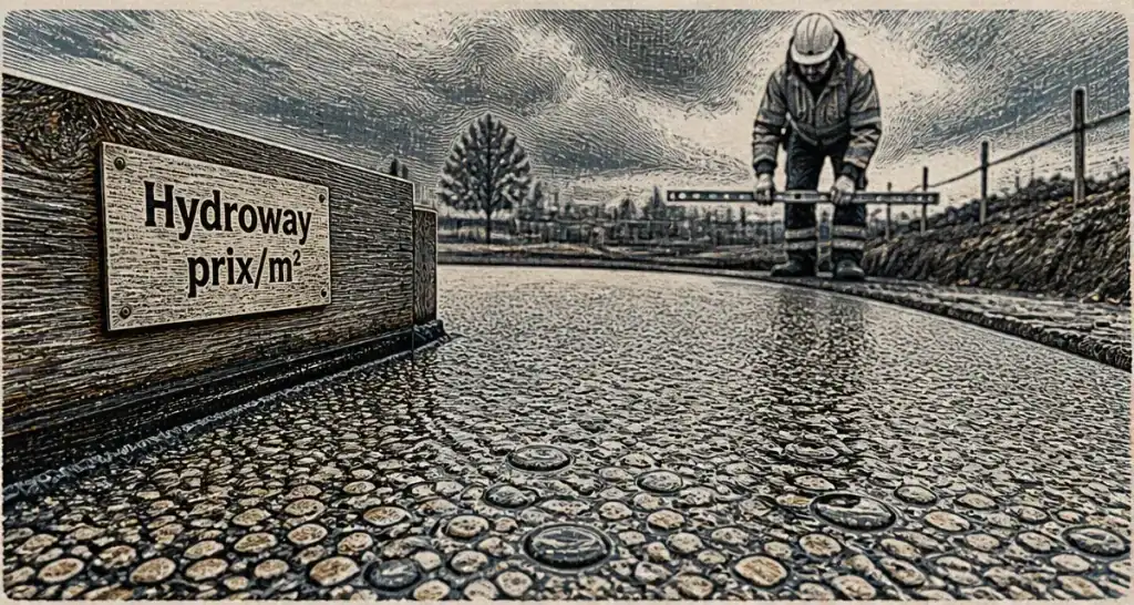 Hydroway prix m2 : allée drainante perméable après pluie, pose de revêtement