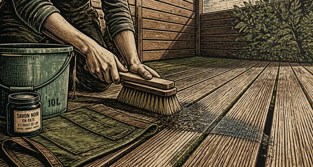 Nettoyage terrasse bois savon noir avec brosse et savon noir