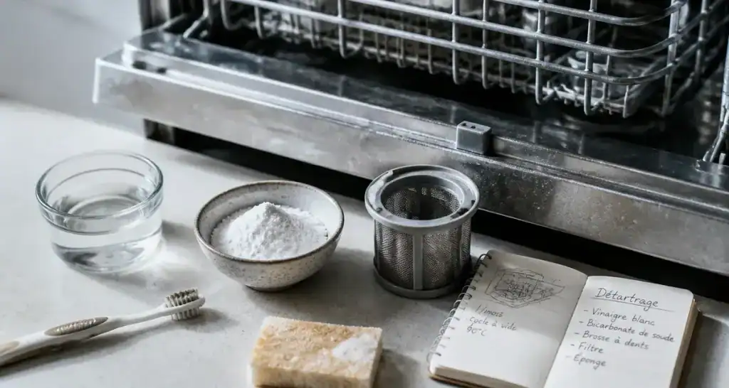 Nettoyer son lave-vaisselle au vinaigre blanc et bicarbonate : verre de vinaigre et bicarbonate, filtre