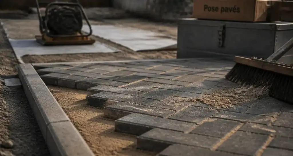 Pavé autobloquant pose : lit de sable et calepinage