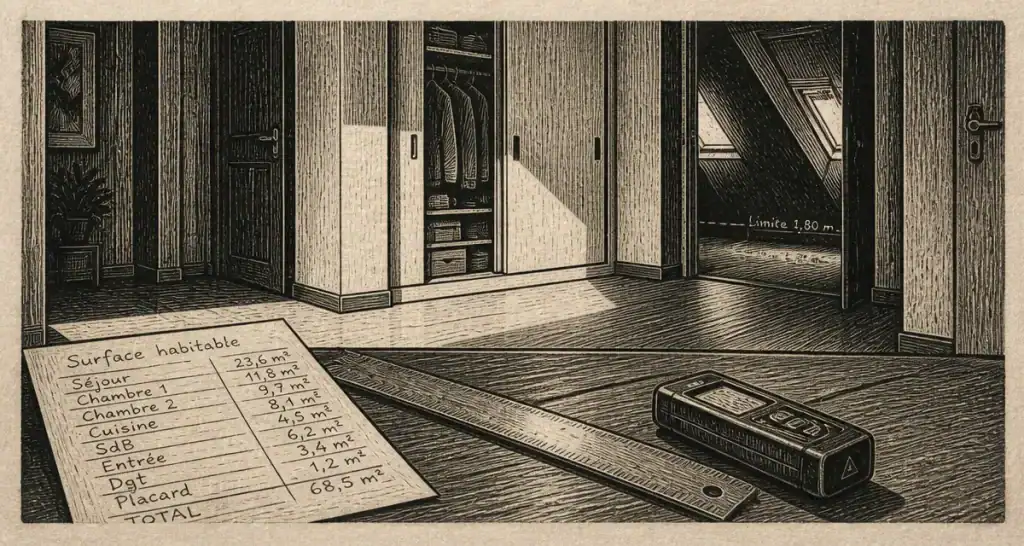 Placard surface habitable : règle et télémètre pour calcul