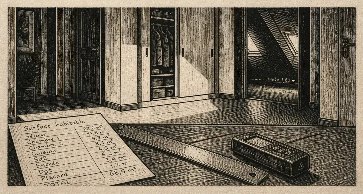 Placard surface habitable : règle et télémètre pour calcul