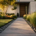 Allée de jardin avec dalles béton, bordures pierre, sans flaques