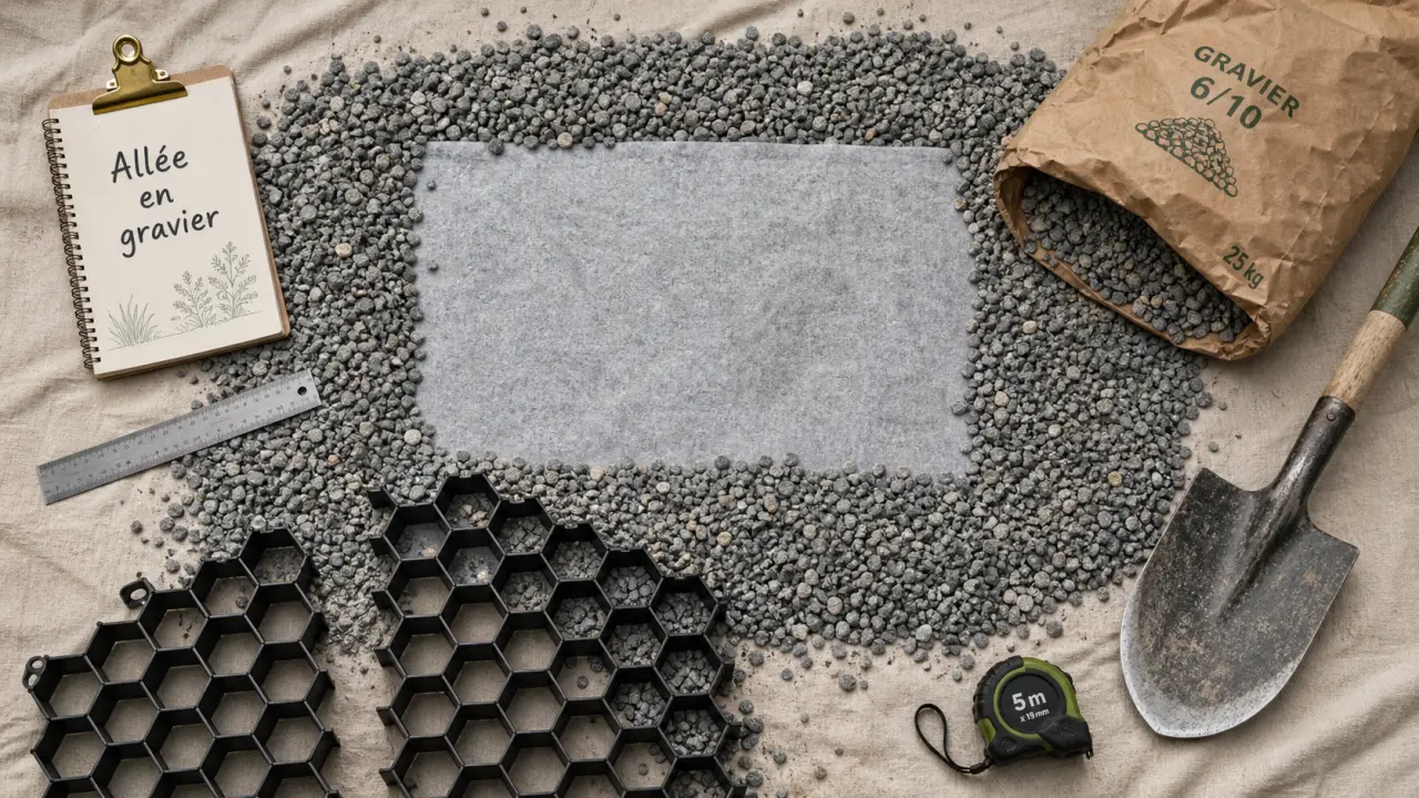 Allée en gravier : structure avec feutre géotextile et dalles stabilisatrices
