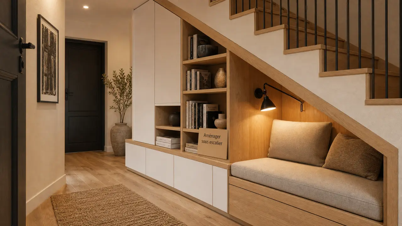 Aménagement sous escalier ouvert : rangements bureau et alcôve sous escalier