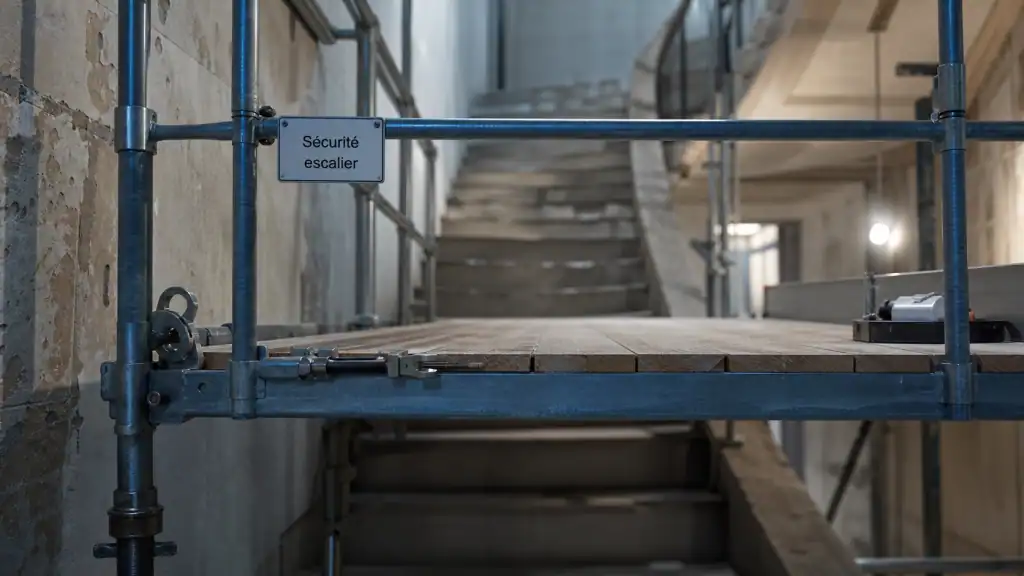 Astuce echafaudage escalier : vérins et garde-corps sur plateforme sécurisée