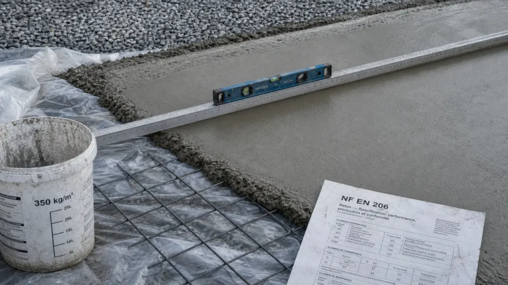 Béton pour dalle extérieure : dosage 350 kg/m3, classe XF1 et pente à prévoir