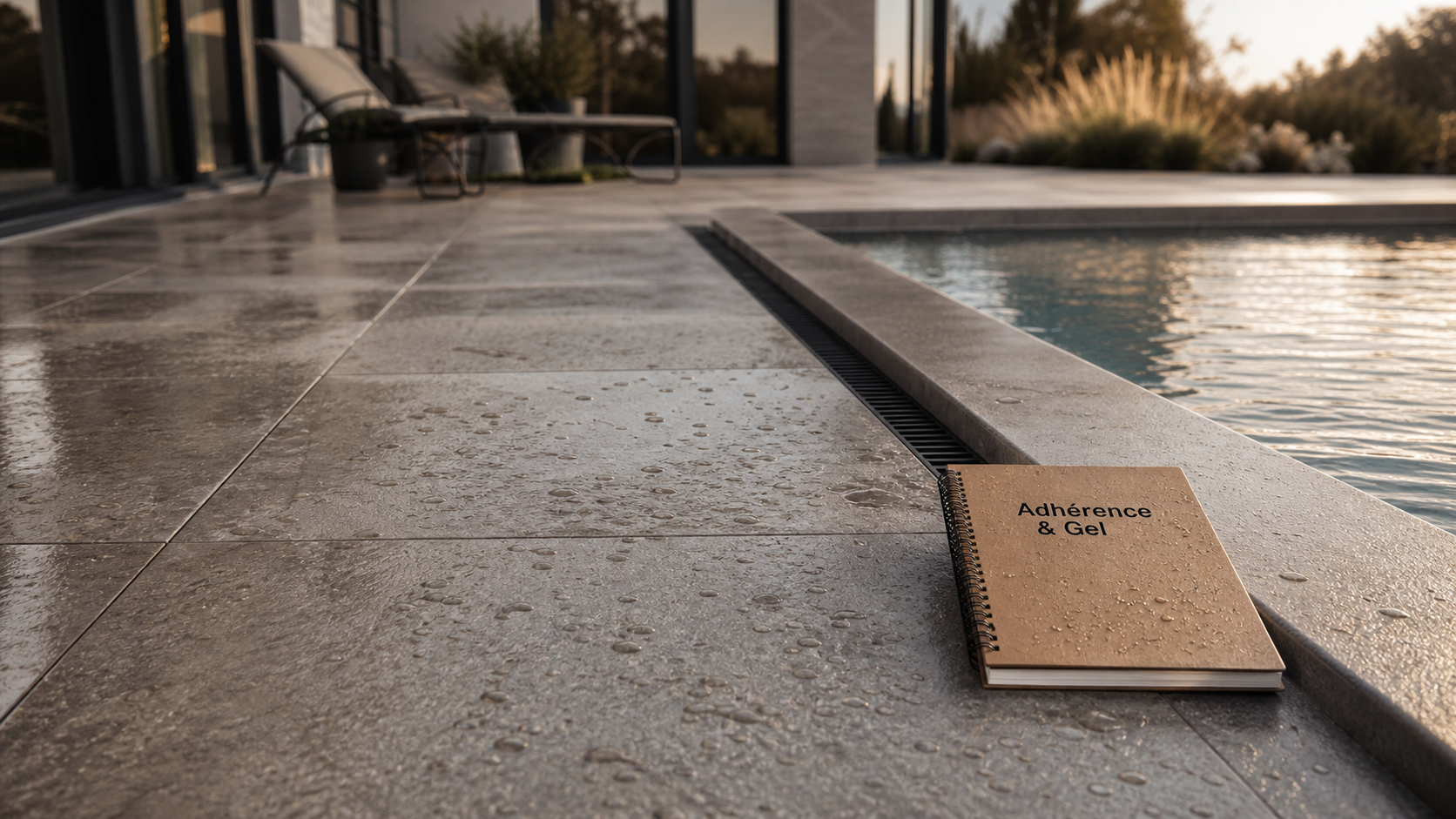 Carrelages pour terrasse exterieur antidérapants, joints alignés, gouttes après pluie