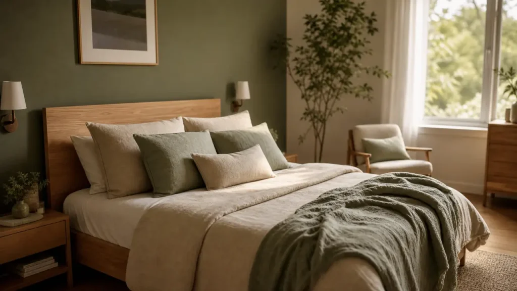 Chambre vert sauge et bois : le duo qui garde la lumière et réchauffe l’espace