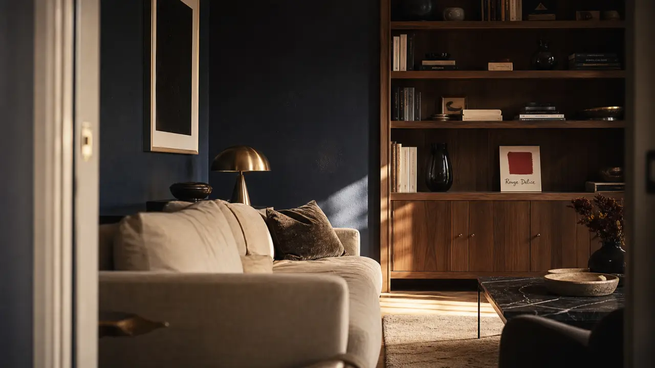 Couleur salon tendance : bleu profond, canapé beige, salon moderne