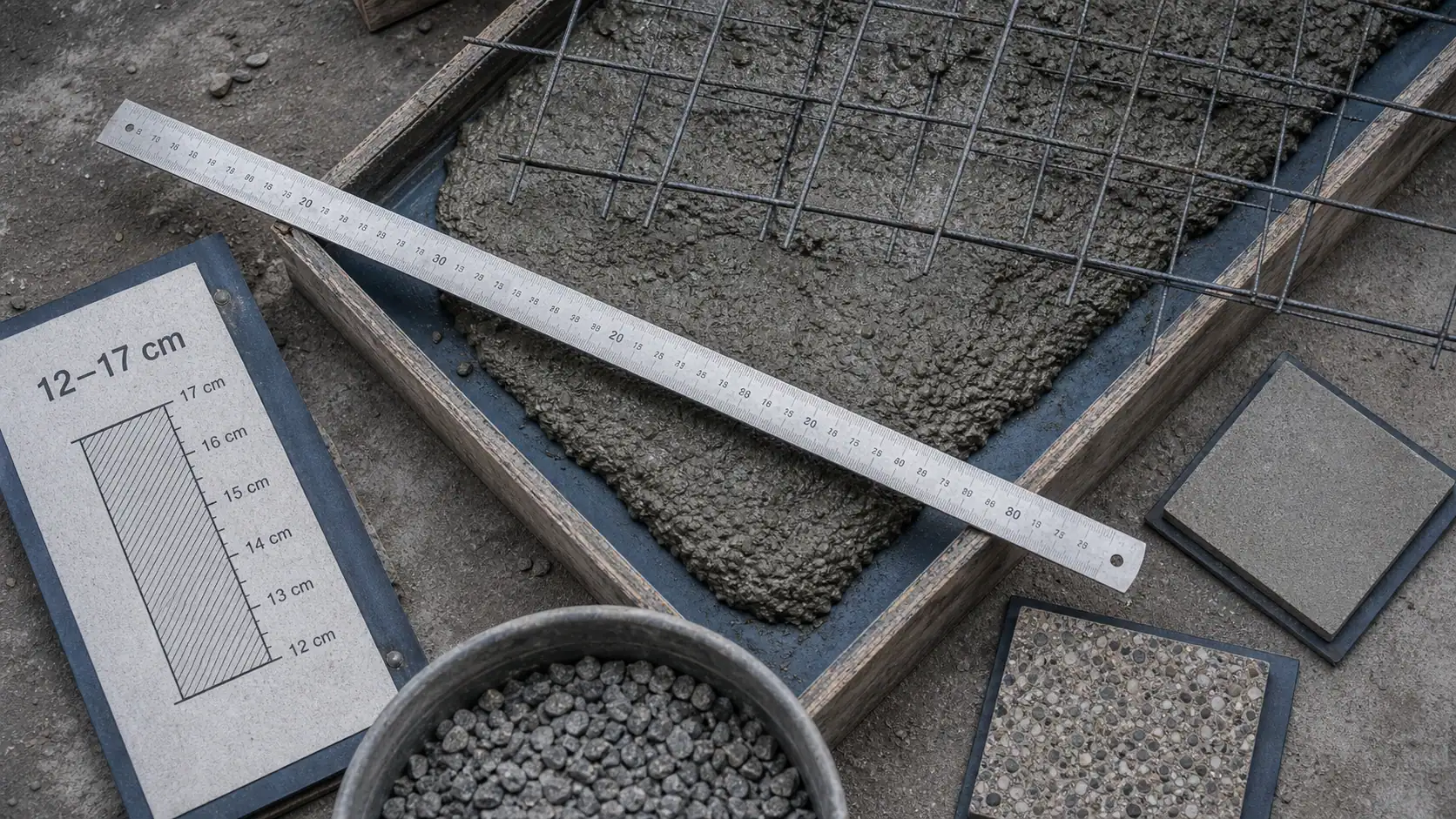Dalle en béton armé : coffrage avec béton frais et treillis acier