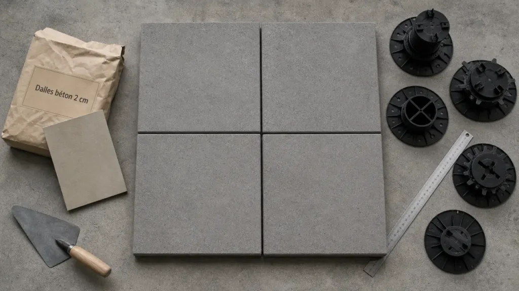 Dalle terrasse en béton : formats 2 cm, pose sur plots et prix au m²