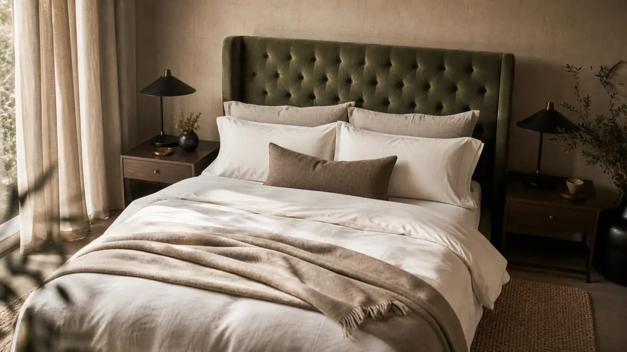 Déco chambre adulte chic : lit à tête de lit capitonnée velours vert sauge