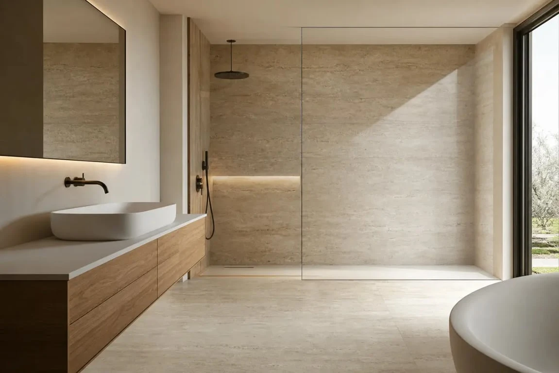 Salle de bain travertin et bois dans une ambiance contemporaine et chaleureuse