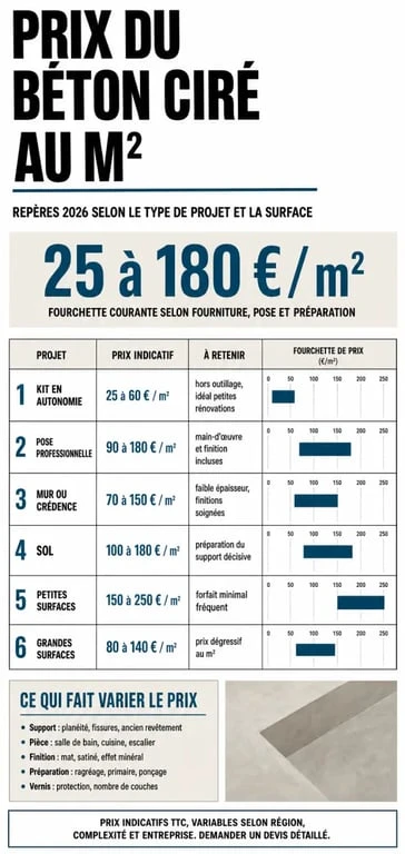 Infographie sur le prix du béton ciré au m2 avec les fourchettes de prix selon le type de pose et de surface