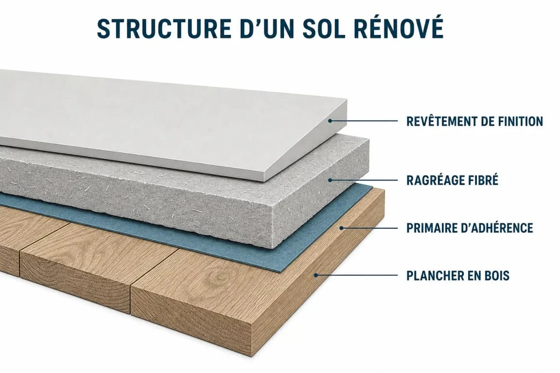 Schéma technique des couches d'un ragréage sur plancher en bois