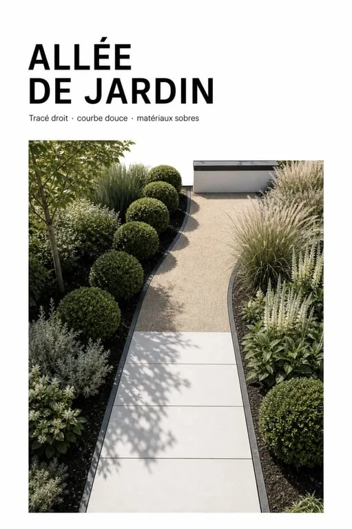 Allée de jardin contemporaine avec tracé rectiligne, bordures végétales et revêtements variés