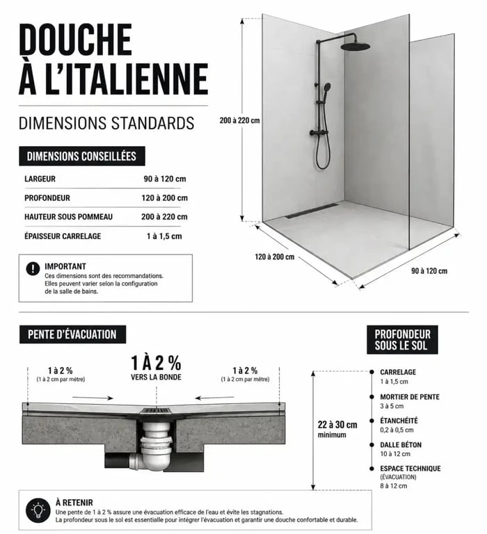 Infographie des dimensions et contraintes techniques pour une douche italienne