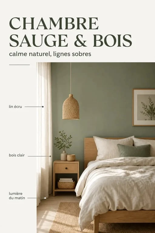 Chambre vert sauge et bois avec mur vert sauge, lit en bois clair et linge de lit naturel