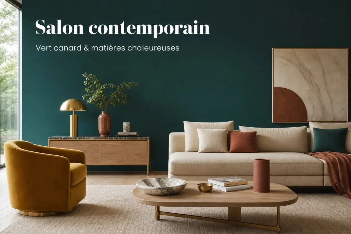 Salon décoré en vert canard couleur avec mur profond, matières bois et laiton