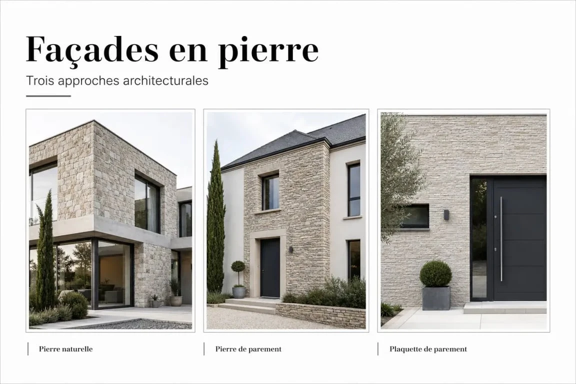 Maison facade pierre : trois rendus de façade en pierre naturelle, pierre de parement et plaquette de parement