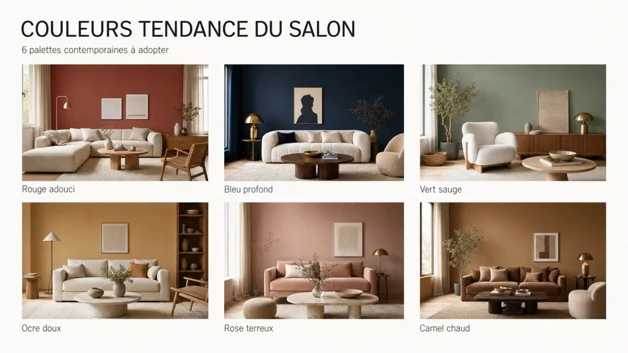 Couleur salon tendance : planche d’ambiance montrant des salons avec rouge adouci, bleu profond, vert sauge, ocre, rose terreux et camel