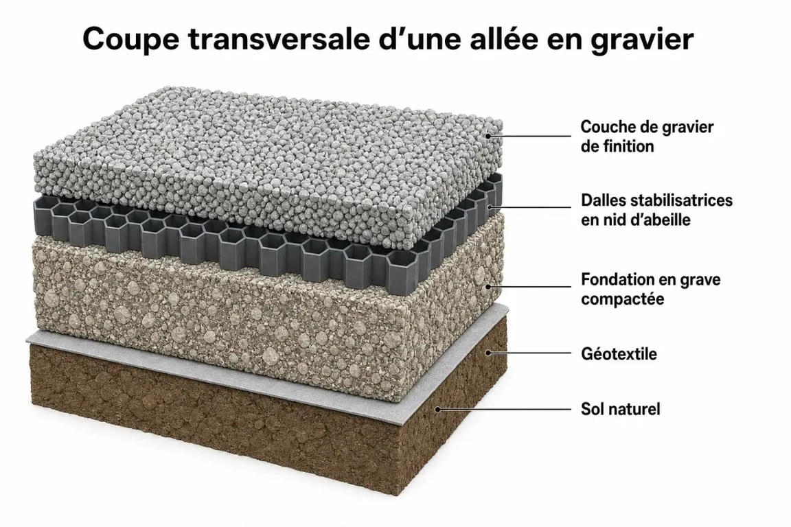 Schéma technique de la structure d'une allée en gravier avec géotextile et dalles stabilisatrices