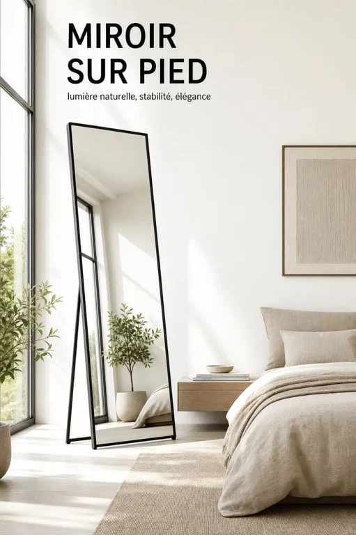Miroir sur pied rectangulaire en chambre lumineuse, mise en situation déco