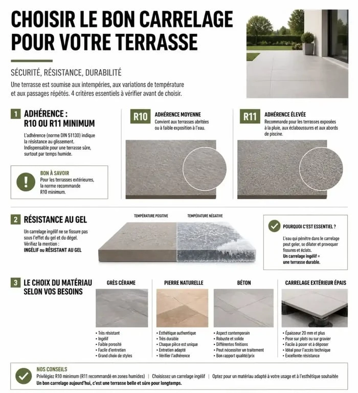 Critères de choix pour carrelages pour terrasse exterieur : adhérence, résistance au gel et durabilité.