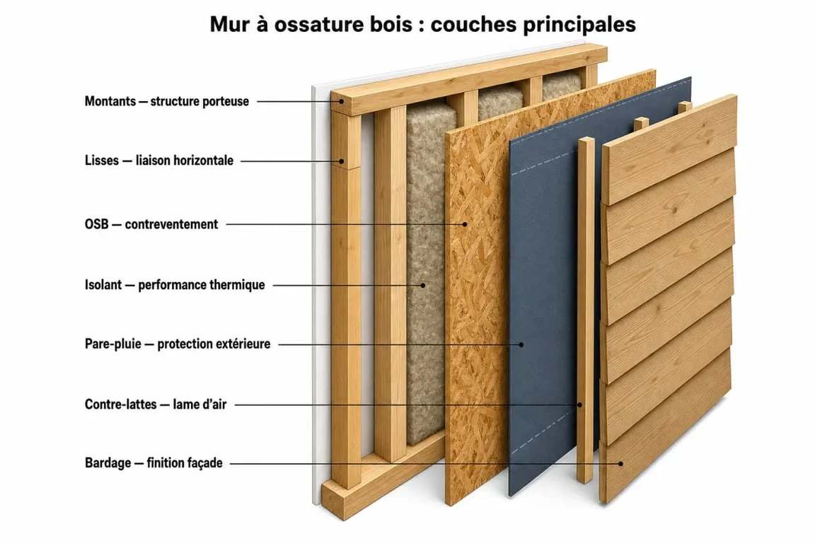 Schéma simplifié d'un mur à ossature bois montrant ses couches et son fonctionnement