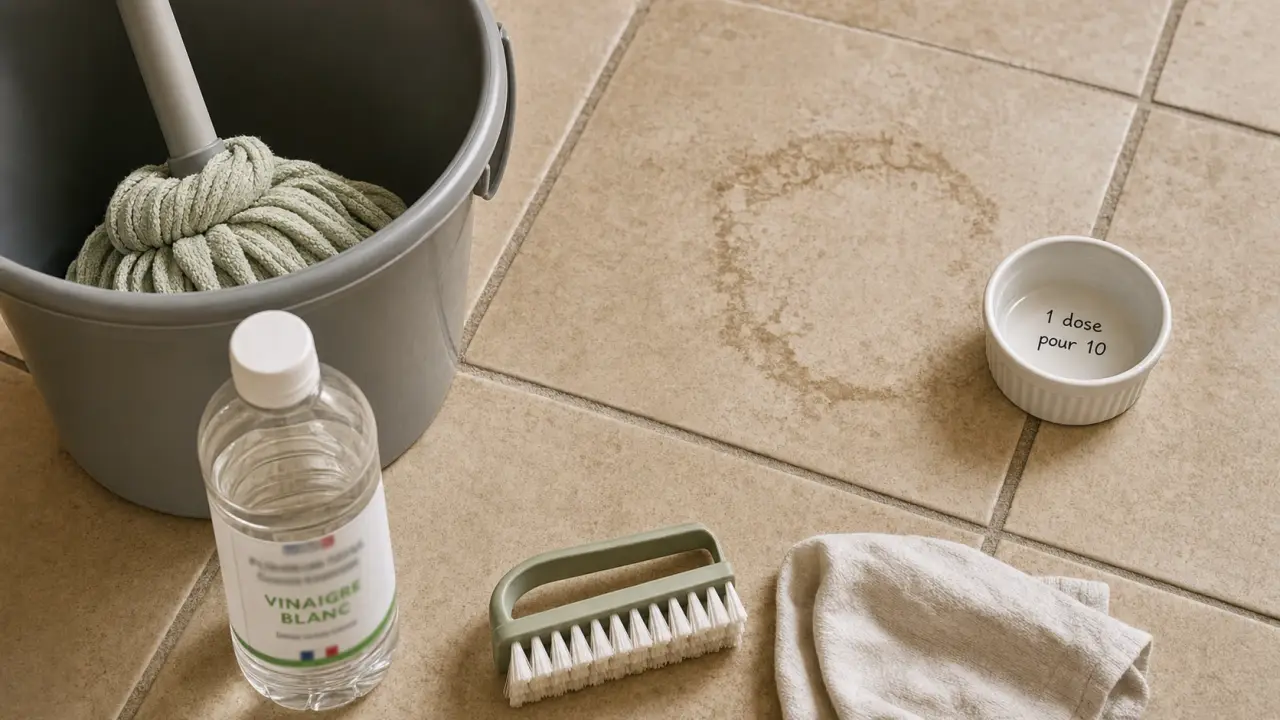 Laver les sols au vinaigre blanc : dilution 1 pour 10 sur carrelage