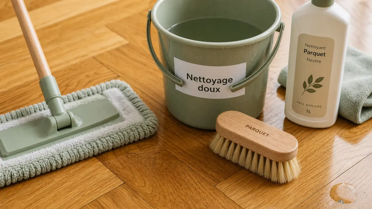 Nettoyage des parquets avec serpillière microfibre et nettoyant neutre, sans trop d’eau