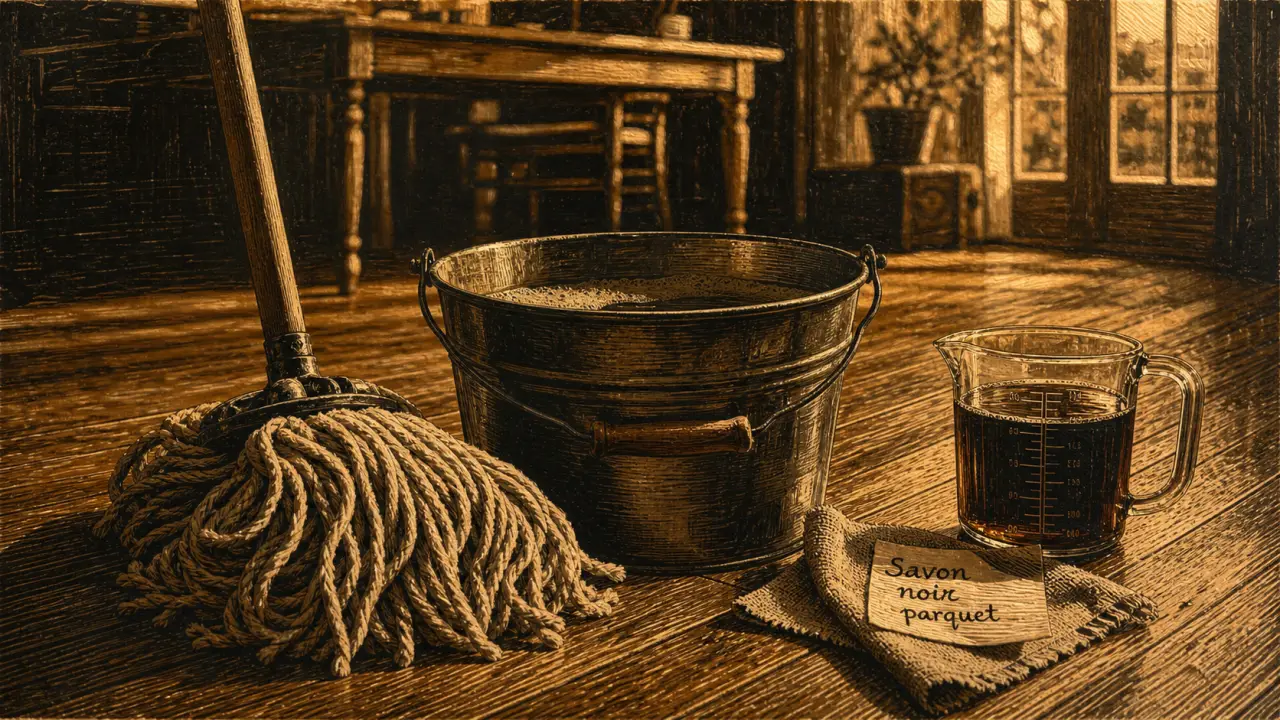 Parquet savon noir : serpillière et seau de savon noir dilué sur lames en chêne
