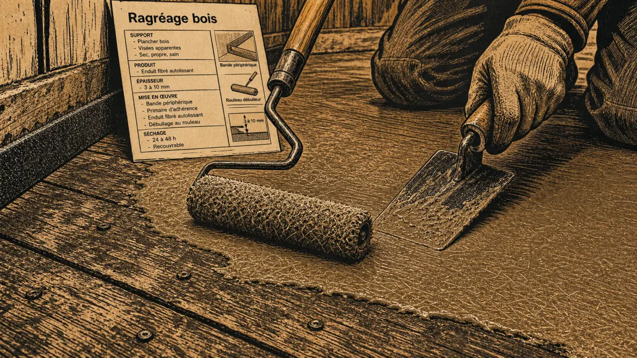 Ragréage sur plancher en bois : enduit fibré autolissant sur lames de bois