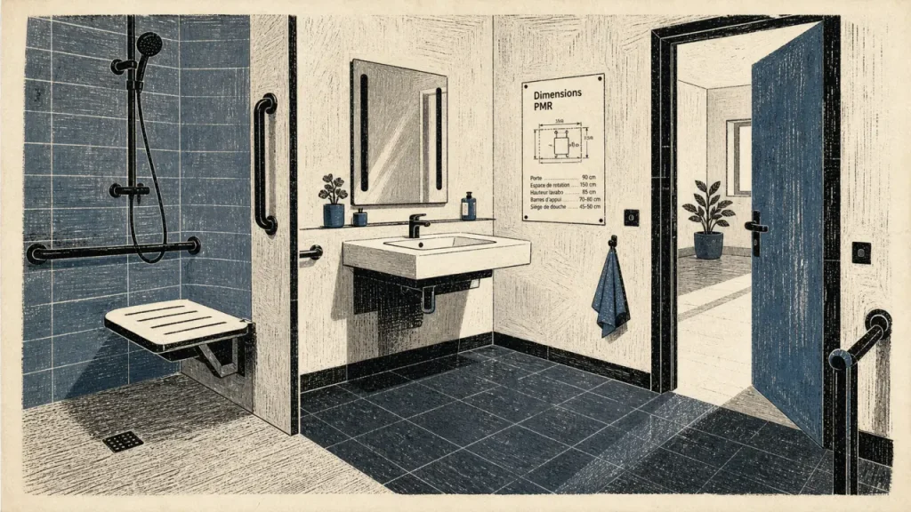 Salle de bain norme PMR : douche sans ressaut, 150 cm de circulation