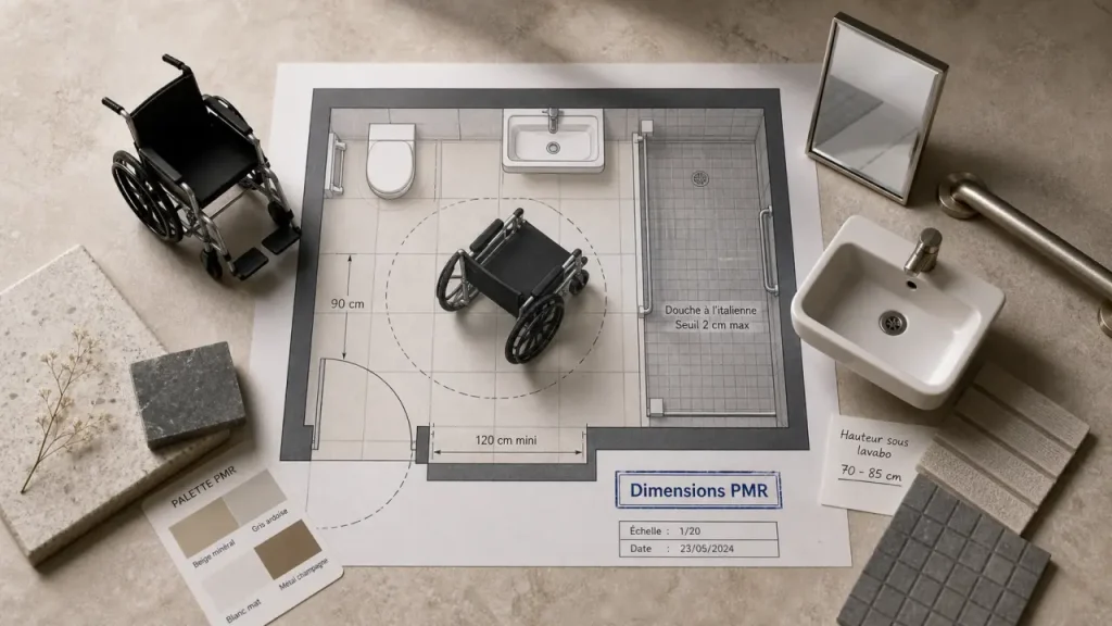 Salle de bain norme PMR : 150 cm de circulation et douche sans ressaut