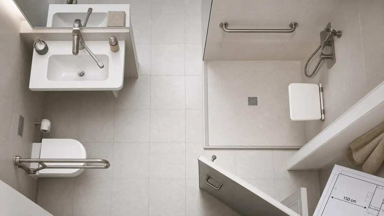 Salle de bain norme PMR : douche sans ressaut, circulation 150 cm