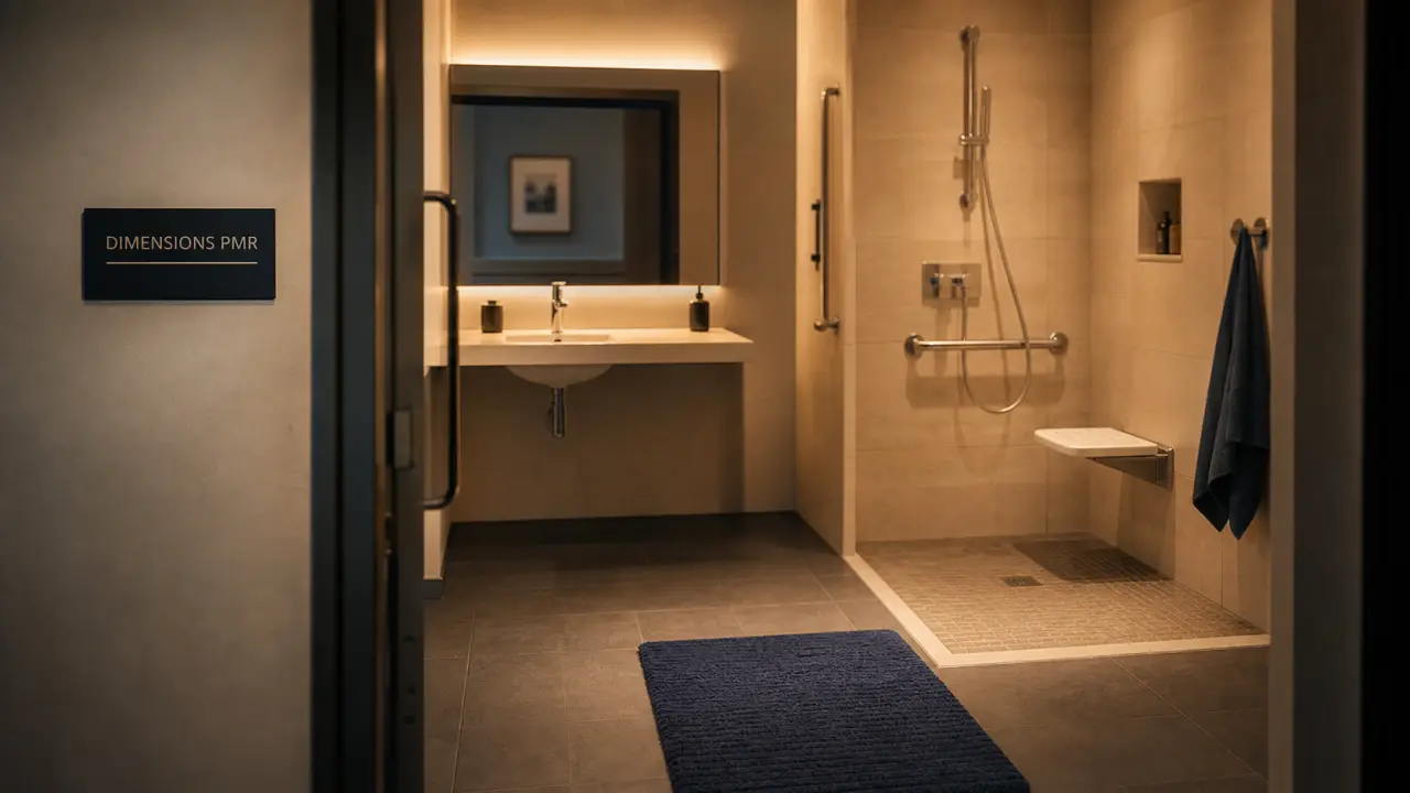 Salle de bain norme PMR avec douche sans ressaut et barres d’appui