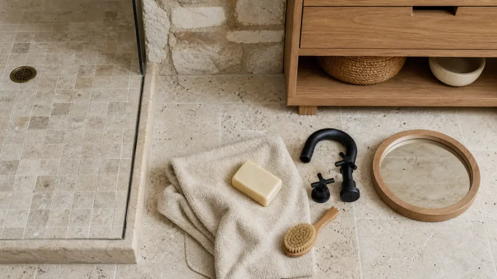 Travertin et bois dans la salle de bain : lumière, chaleur et contrastes bien dosés