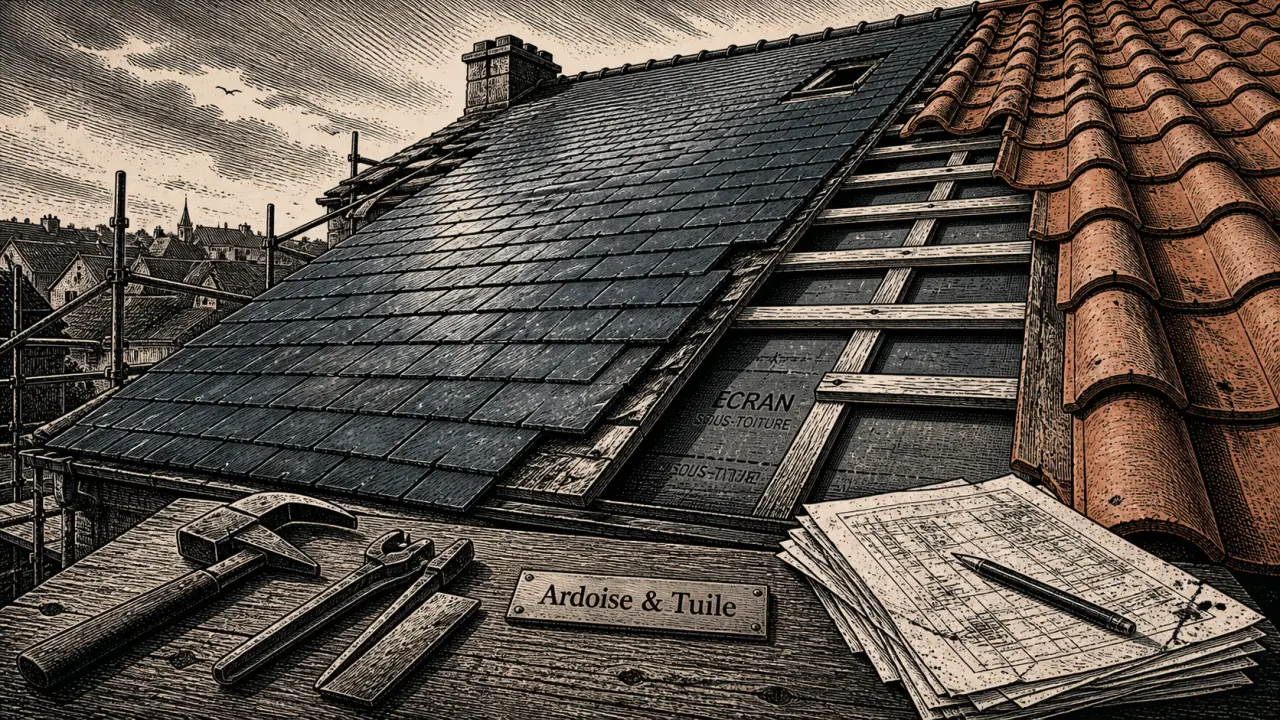 Ardoise tuile : couverture toit, liteaux et écran sous-toiture