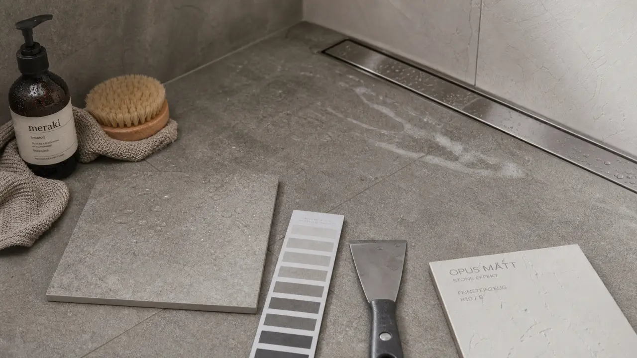 Carrelage sol douche italienne antidérapant R10 R11, imitation pierre, anti-dérapant.