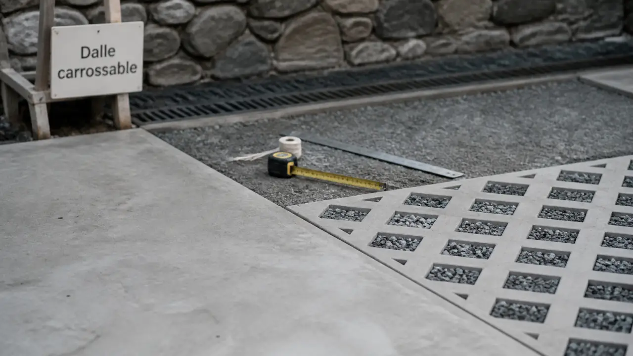 Dalle béton carrossable : dalle béton et gravillons, allée parking