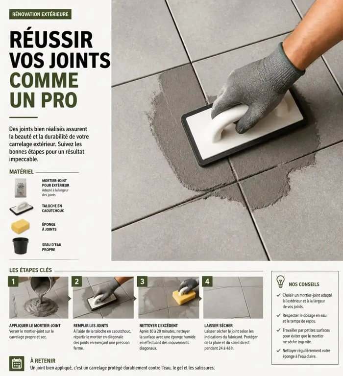 Application du joint carrelage exterieur avec une taloche en caoutchouc