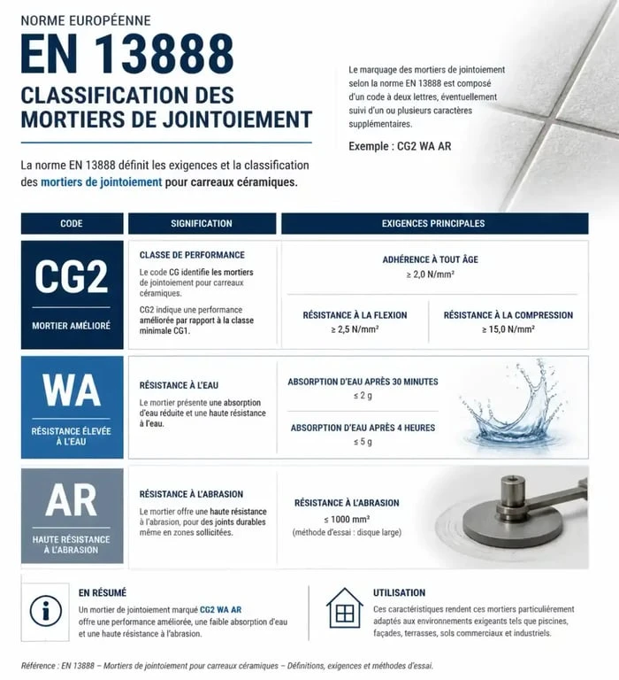 Tableau explicatif des normes pour joint carrelage exterieur CG2 WA AR