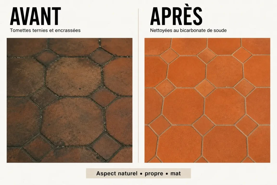 Nettoyage tomettes bicarbonate de soude : avant et après sur un sol en terre cuite