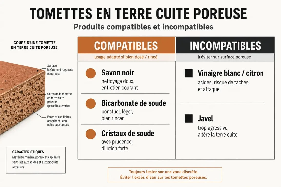 Nettoyage tomettes bicarbonate de soude : tableau visuel des produits à utiliser ou éviter