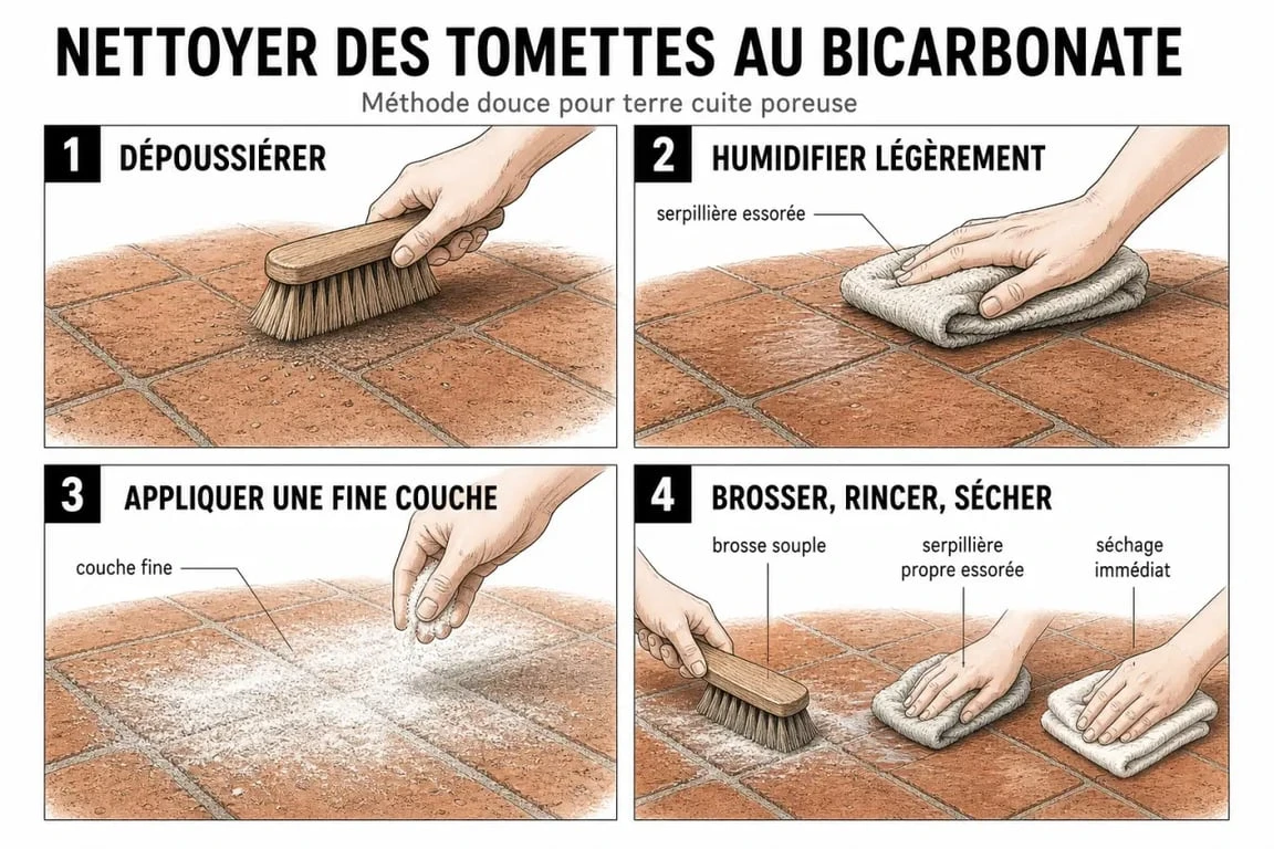 Nettoyage tomettes bicarbonate de soude : étapes douces pour nettoyer une tomette sans l’abîmer