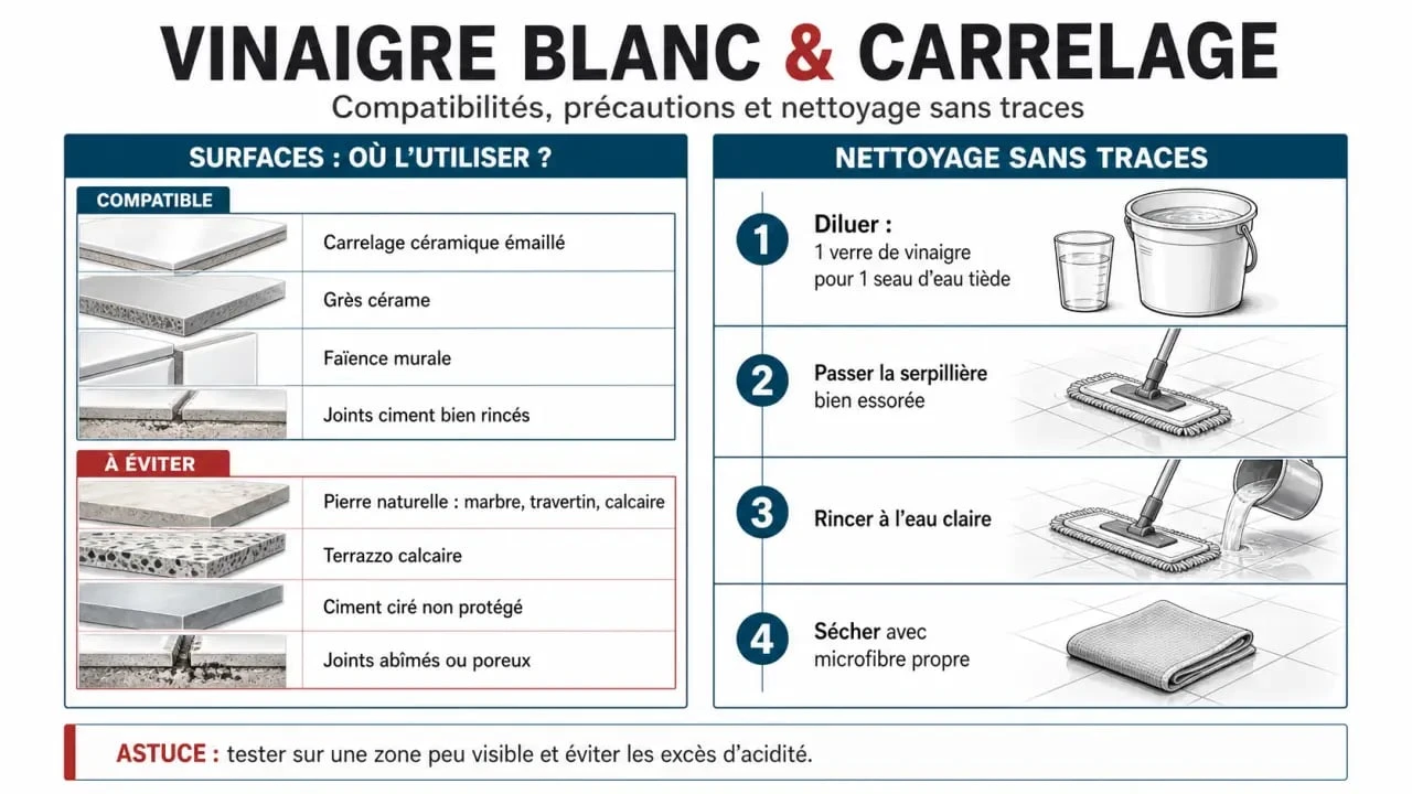 Vinaigre blanc et carrelage : surfaces compatibles, dosage et étapes pour nettoyer sans traces