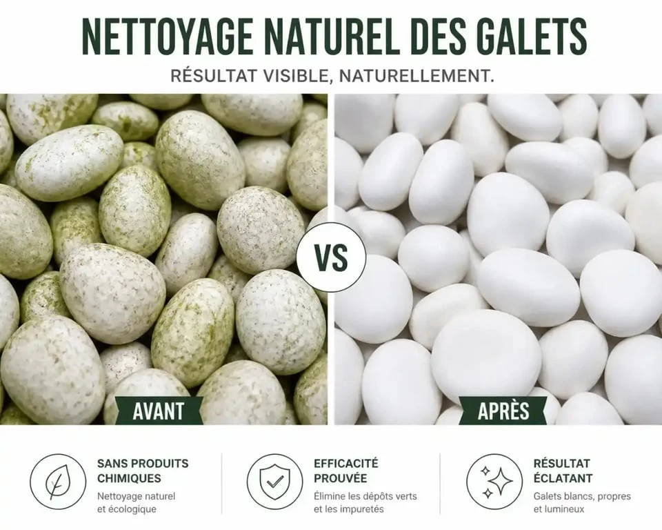 Avant et après le nettoyage de galets blancs de jardin pour redonner de l'éclat